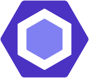 Hexagonal logo with purple background
