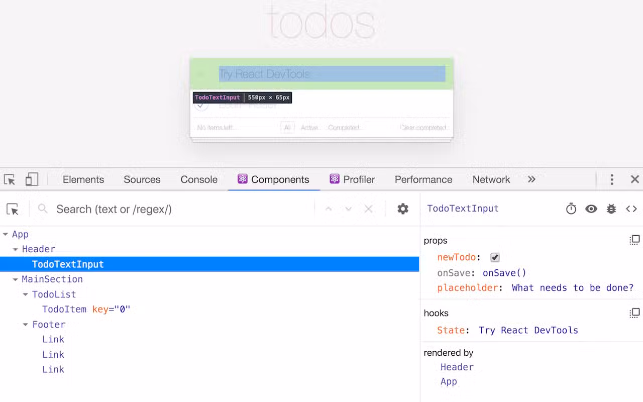 Screenshot of a todos app with React DevTools