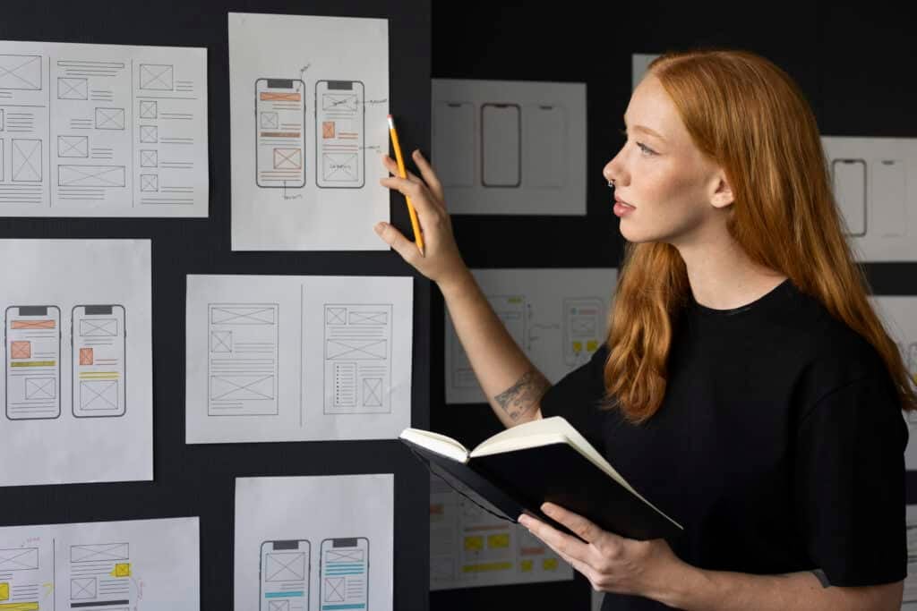 A woman with red hair, holding a notebook, is pointing with a pencil at sketches for mobile app interfaces