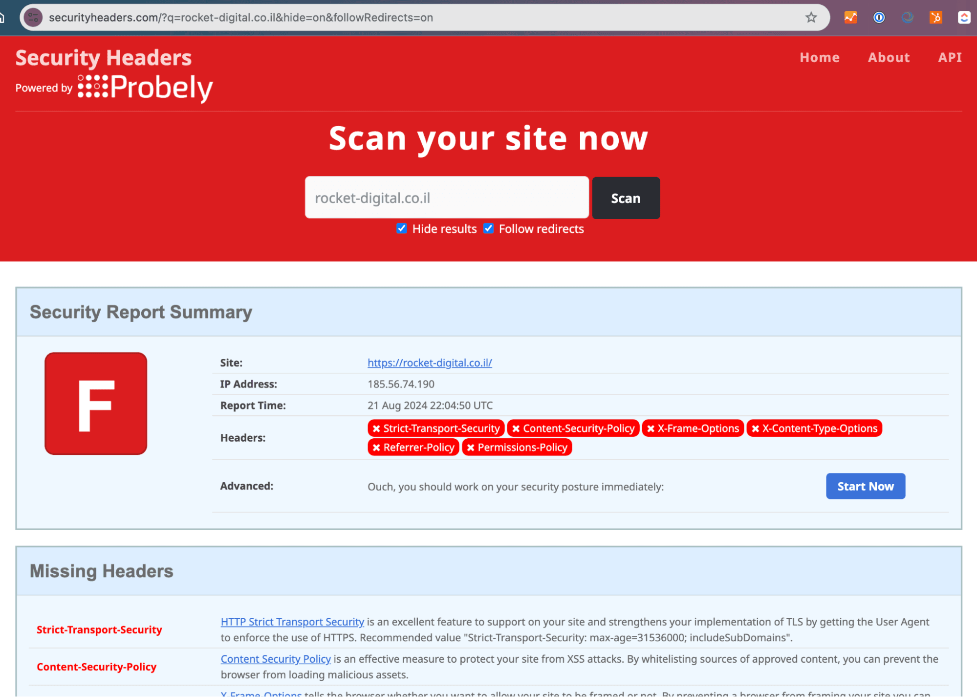screen: securityheaders.com report F