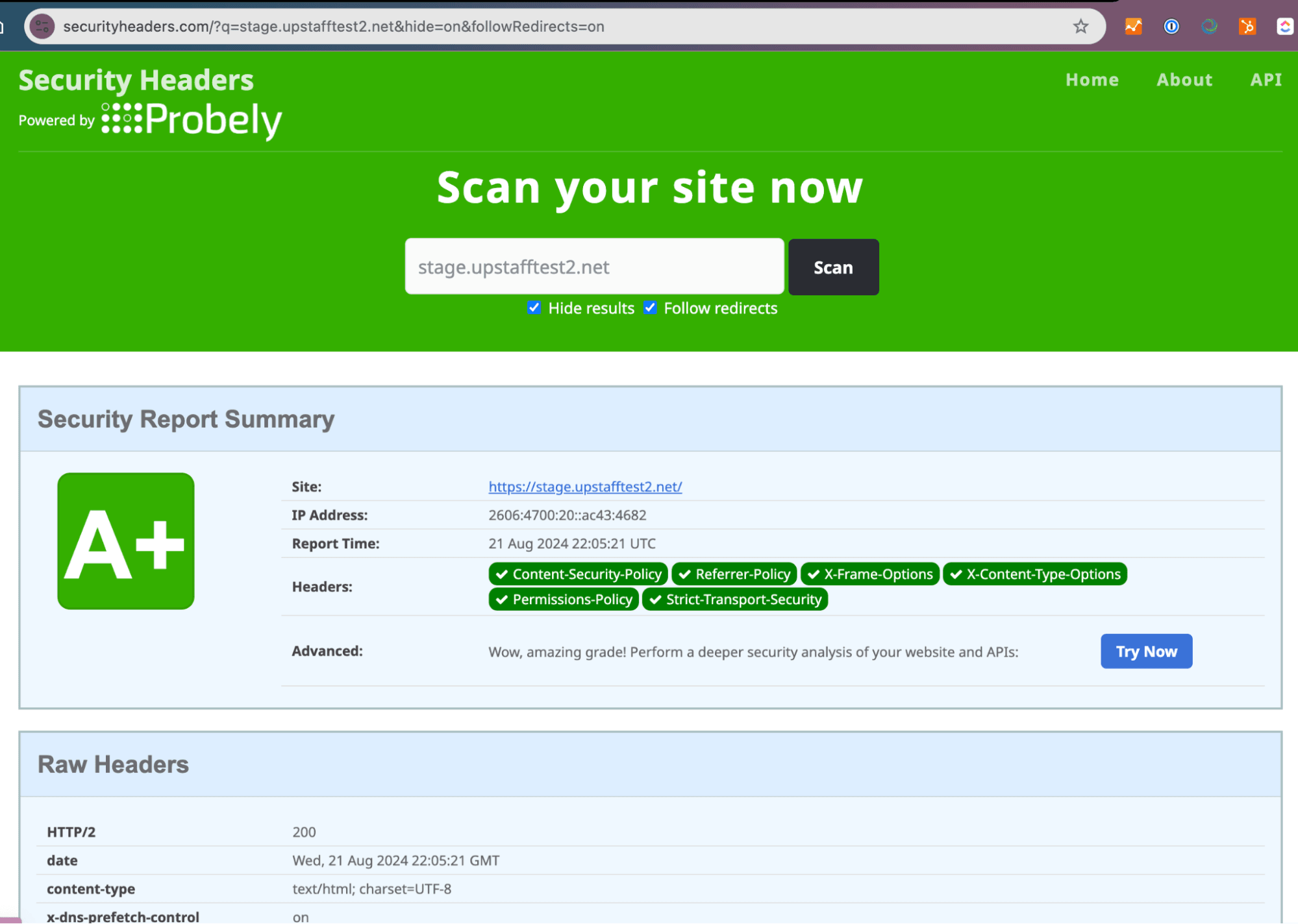 screen: securityheaders.com report A+
