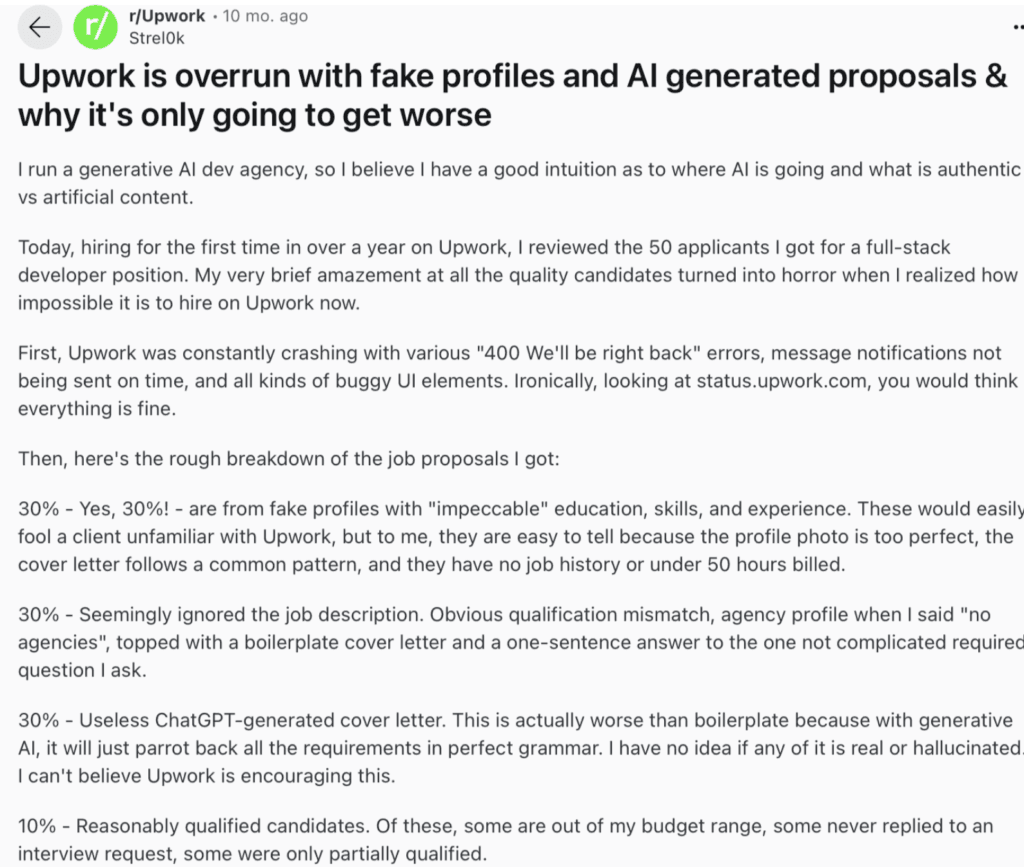 Upwork is overrun with fake profiles and Al generated