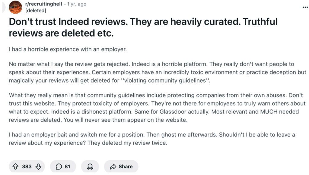 Don't trust Indeed reviews. They are heavily curated. Truthful
reviews are deleted etc.